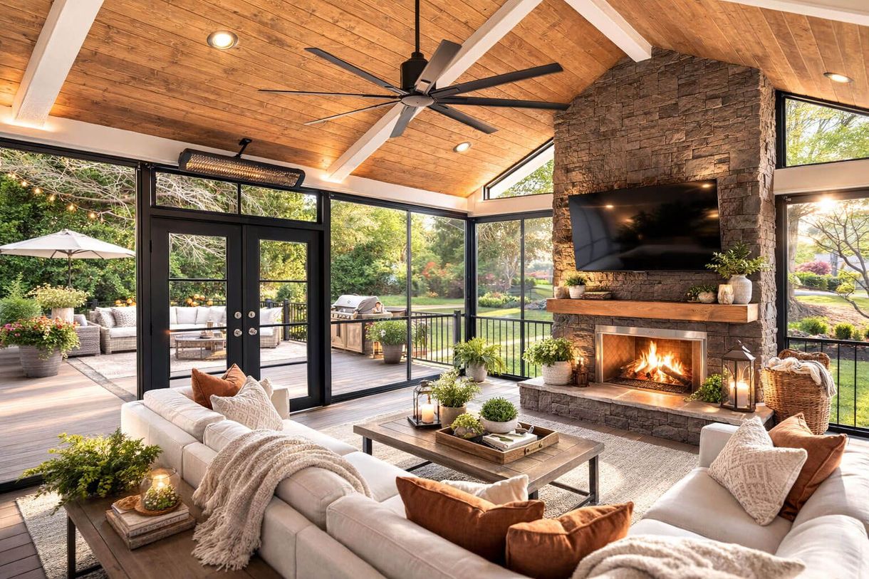 spacious seasonal room with attached deck overlooking backyard
