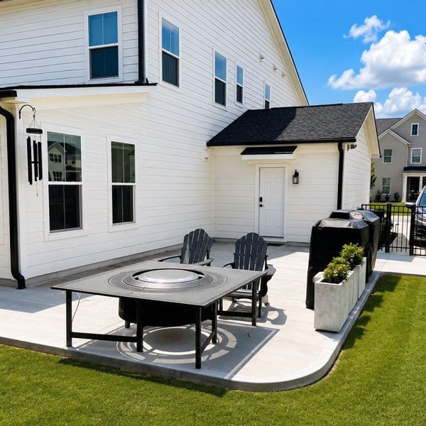 Patio with black table and chairs beside a white house and green lawn