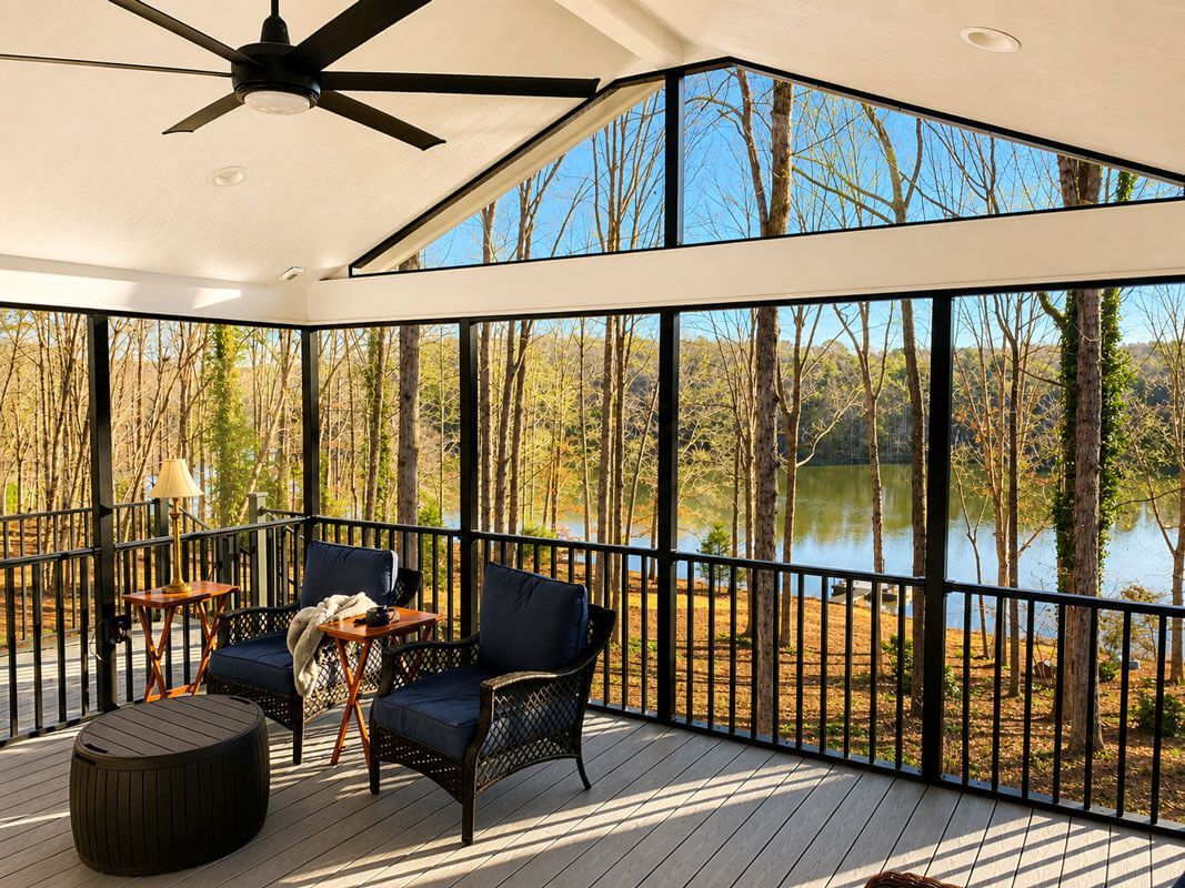 seasonal room with large glass window panes overlooking lake during autumn