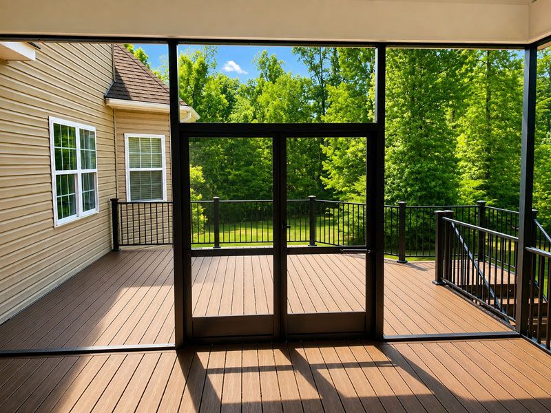 Screened porch with wood floor, black railing, and bright green trees beyond glass doors.
