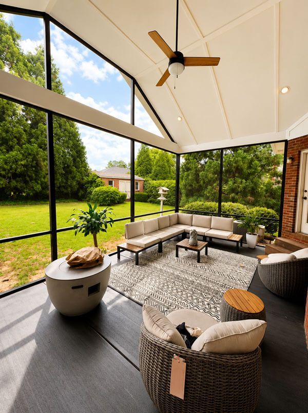 Screened porch with wicker seating, patterned rug, and outdoor view of a green lawn and trees