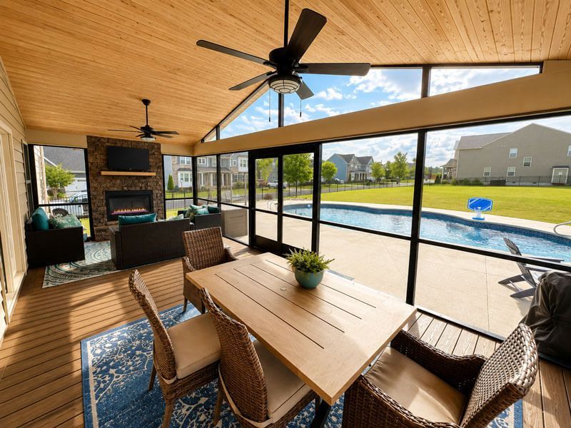 Covered patio with dining table, wicker chairs, ceiling fan, and pool view through screened enclosure