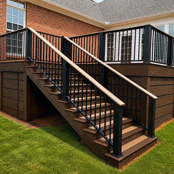 Wooden exterior staircase with black railings leading to a raised deck beside a brick house.