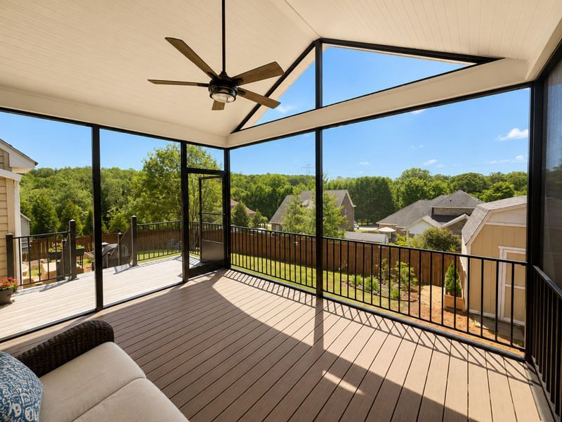 Spacious screened-in porch with wood deck, black railings, ceiling fan, and hillside neighborhood view