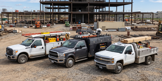 Three pickup trucks parked at a construction site with a steel building frame in the background