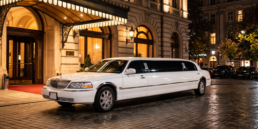White stretch limousine parked outside a lit hotel at night on a wet street