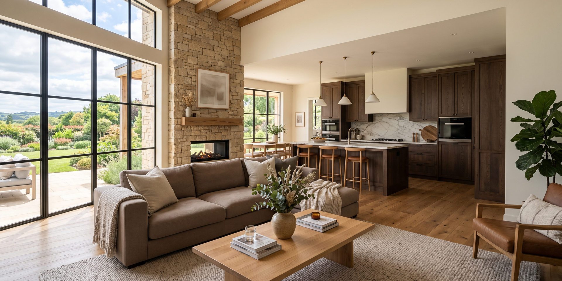 Modern open-plan living room with brown sofa, wood coffee table, kitchen, and large windows overlooking greenery
