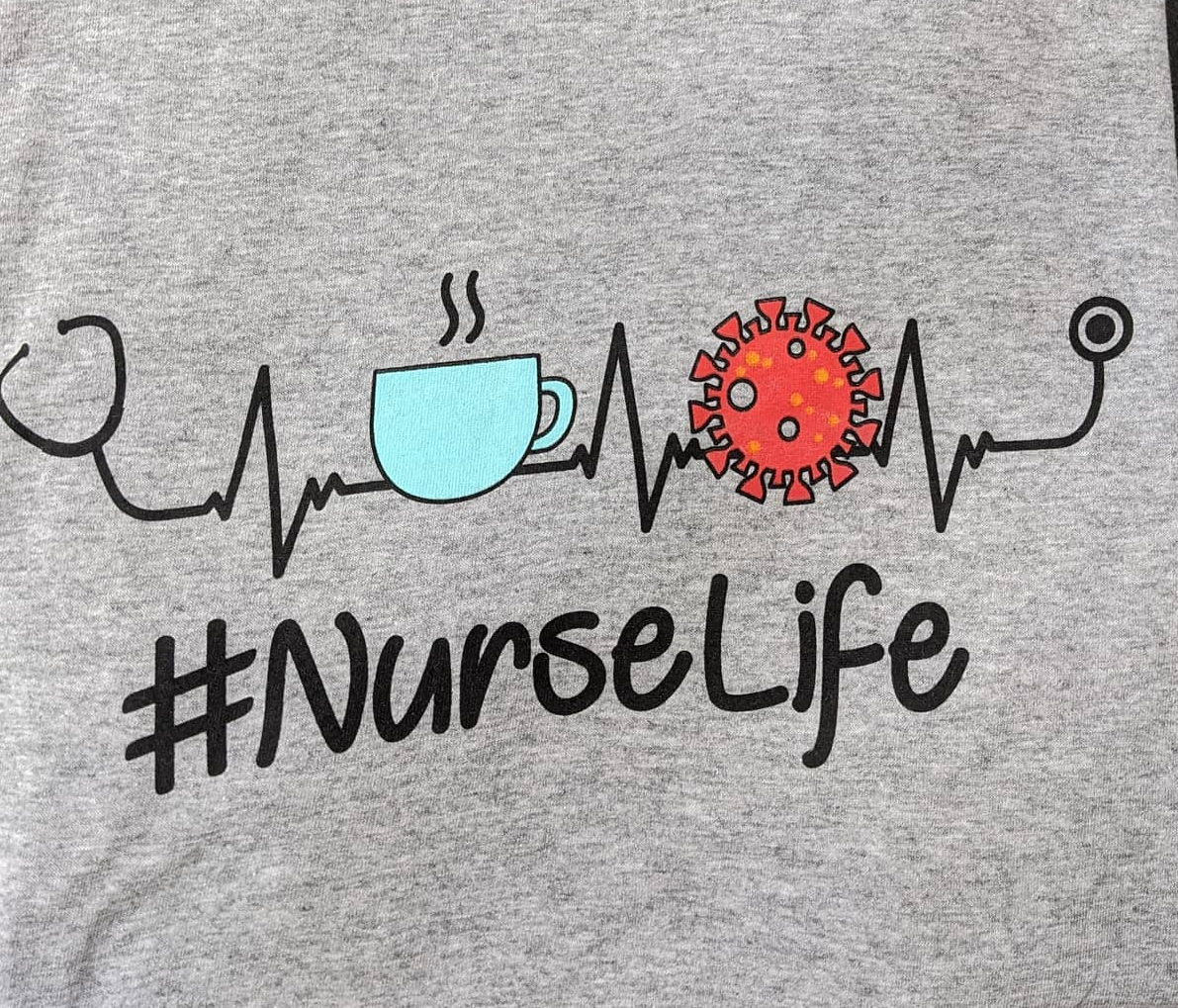 Gray shirt with heartbeat line, coffee cup, virus icon, and “#NurseLife” text