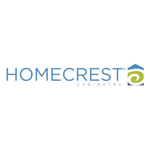 A blue and green logo for homecrest cabinetry on a white background.