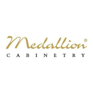 Medallion Cabinetry logo in gold script and black spaced letters on a white background