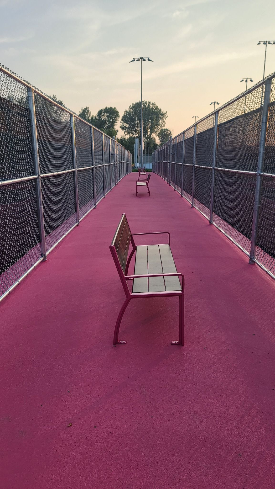 Pink walkway with benches between chain-link fences; tennis court or similar setting.