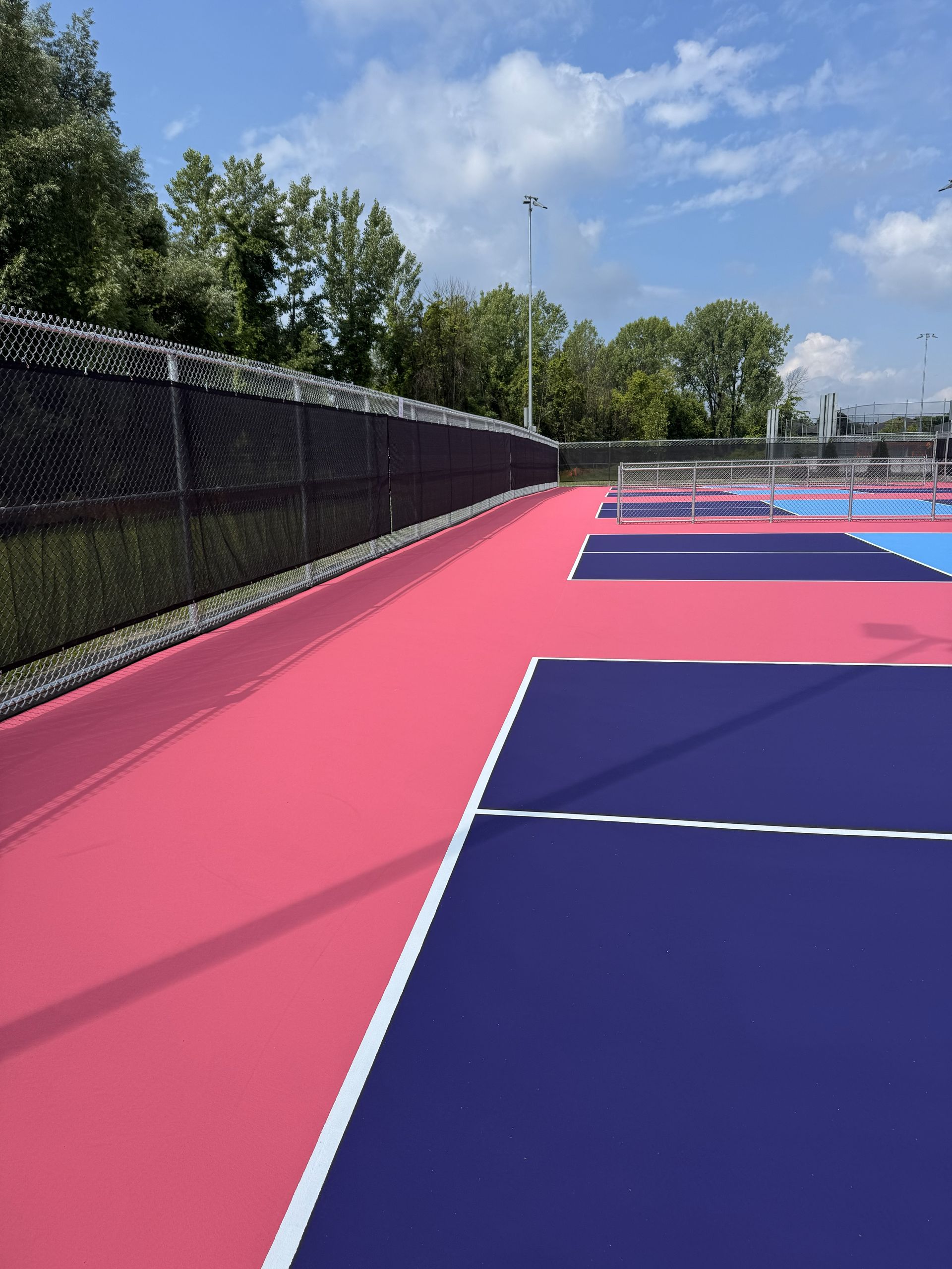Pink and blue pickleball courts with black fence, trees, and blue sky.