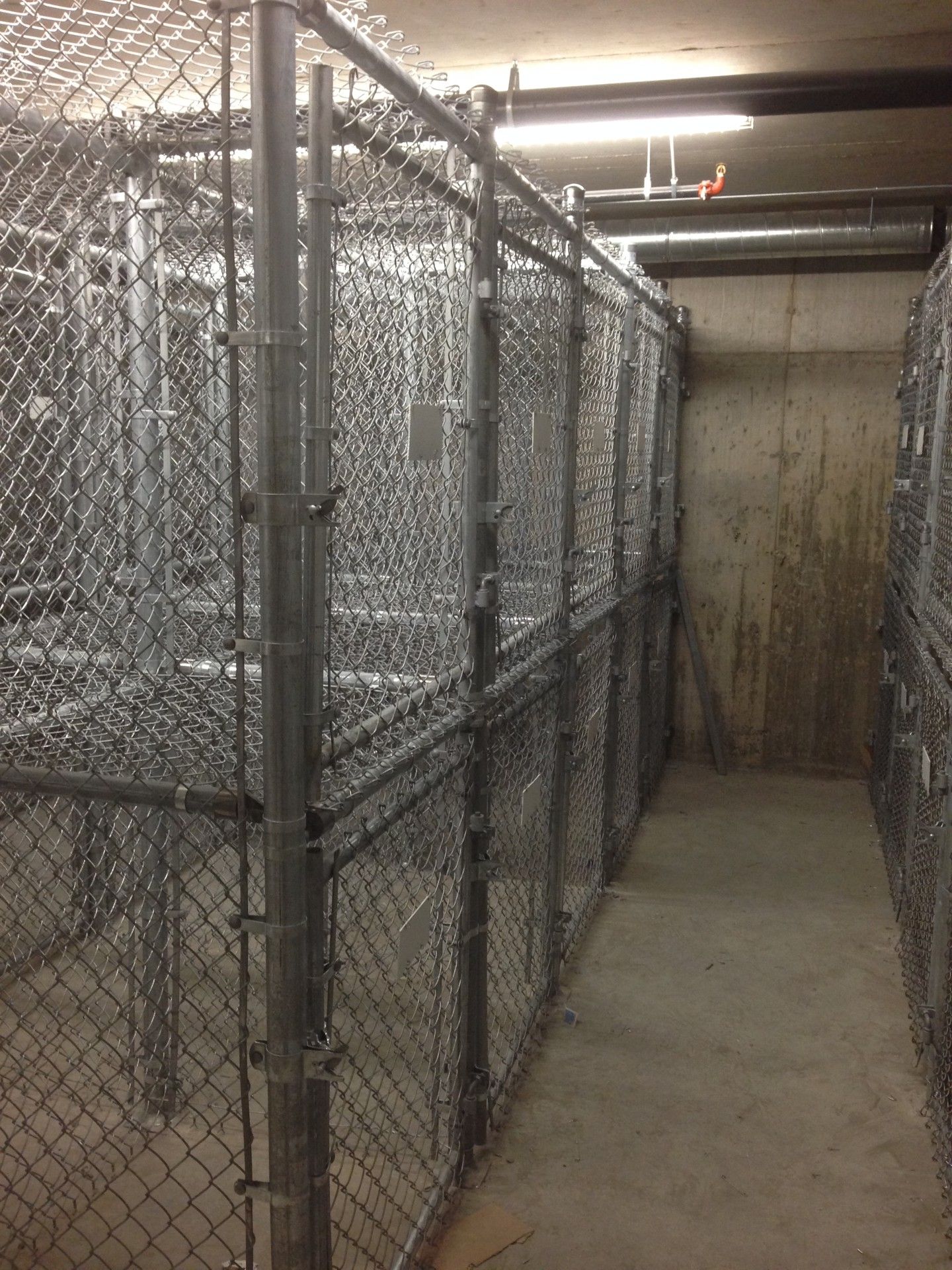 Storage lockers constructed from chain-link fencing, inside a dimly lit concrete room.