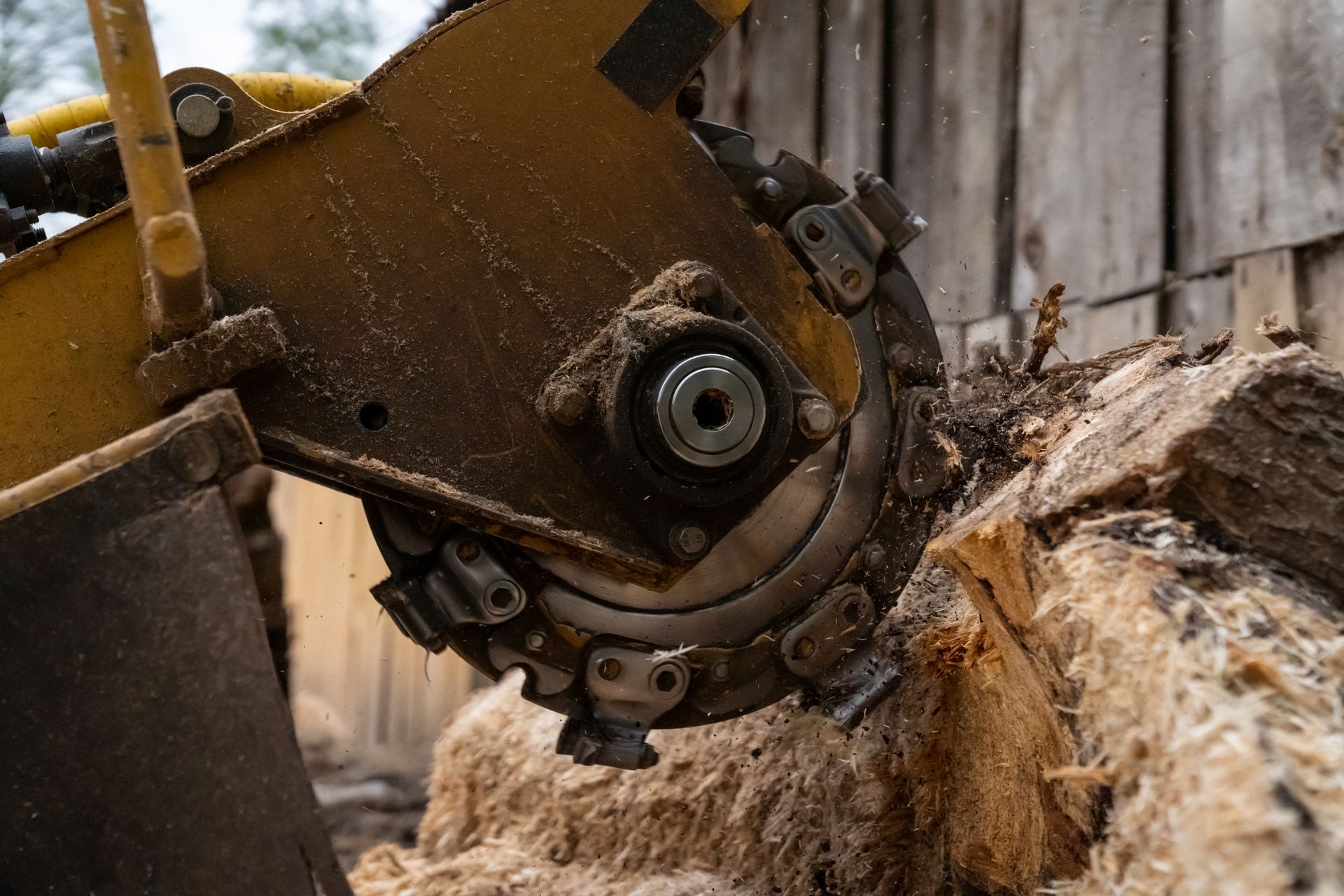 Excavator bucket cutting into a tree stump with wood chips flying outdoors