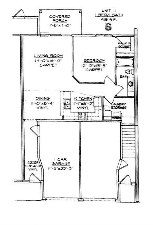 1 bed 1 bath Black-and-white floor plan showing a garage, bedrooms, baths, hallway, and entry stairs.