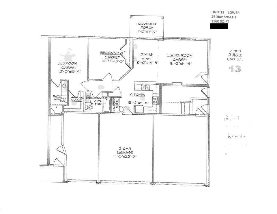 2 bed 2 bath Black-and-white architectural floor plan with labeled rooms, stairs, and garage layout
