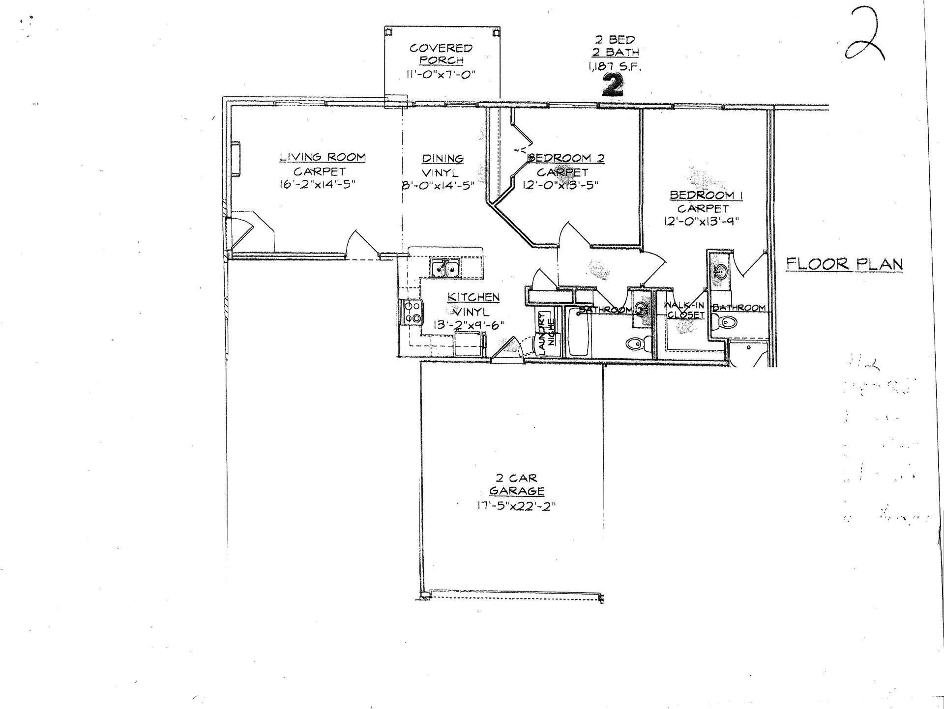 2 bed 2 bath black-and-white floor plan sketch with labeled rooms and measurements