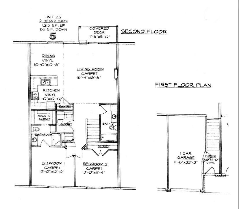 2 bed 2 bath Architectural floor plan and front elevation of a two-story house, black-and-white drawing.