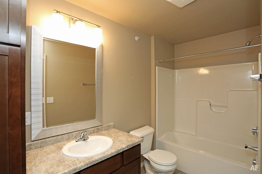 Bathroom with vanity, mirror, toilet, and bathtub shower in beige and white tones