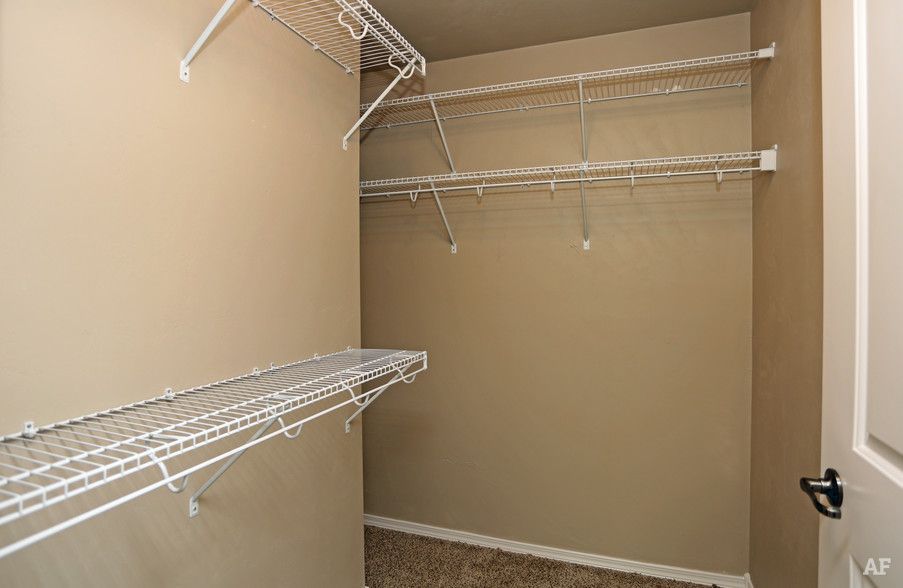 Empty beige walk-in closet with wire shelving on both sides and carpeted floor