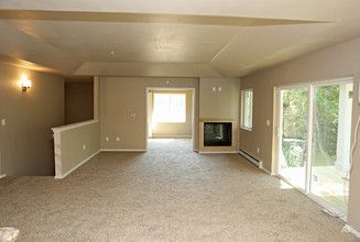 Empty beige living room with carpet, fireplace, and sliding glass doors to a backyard.