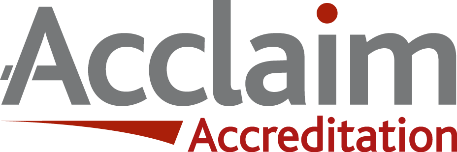 Acclaim Accreditation logo in gray and red.