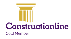 Constructionline Gold Member logo: Gold column icon and purple text on white background.
