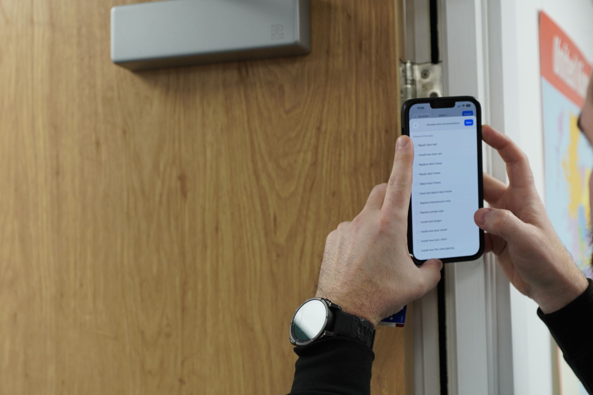 Person using a phone near a wooden door, potentially accessing a digital control panel.