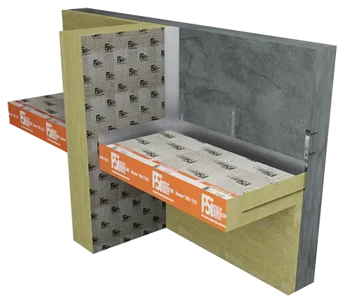 Cutaway view of wall construction with insulation and fire-rated barriers, labeled.