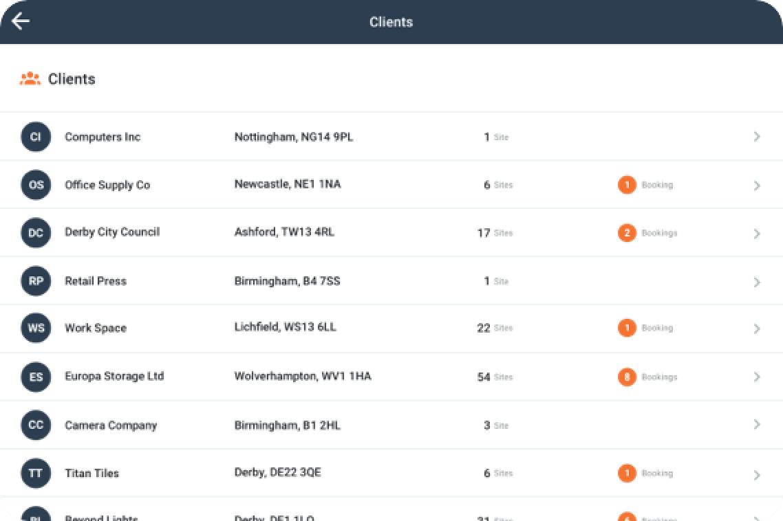 Client list on a tablet screen, showing company names, locations, and status indicators.