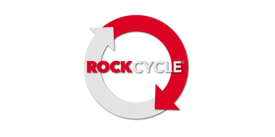 Logo for ROCKCYCLE, red arrow in a circle around the word ROCK and then CYCLE in white.