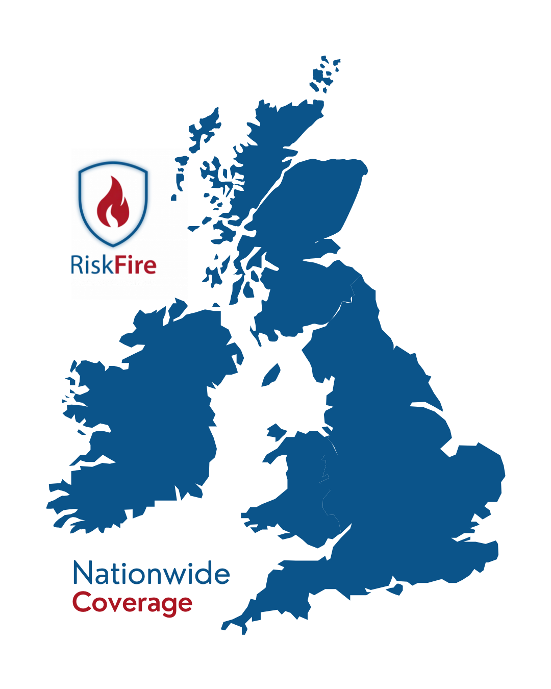 Map of the UK and Ireland in blue, with the RiskFire logo and