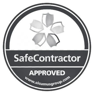 SafeContractor Approved badge with a stylized shield flower design.