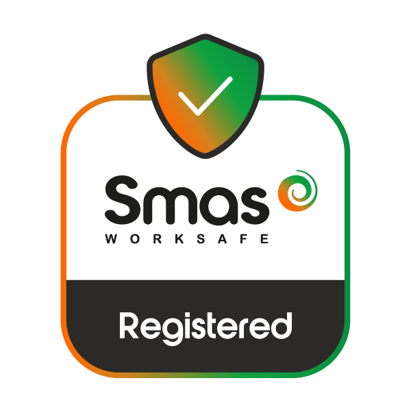 SMAS Worksafe Registered logo with shield, checkmark, and orange and green gradient.