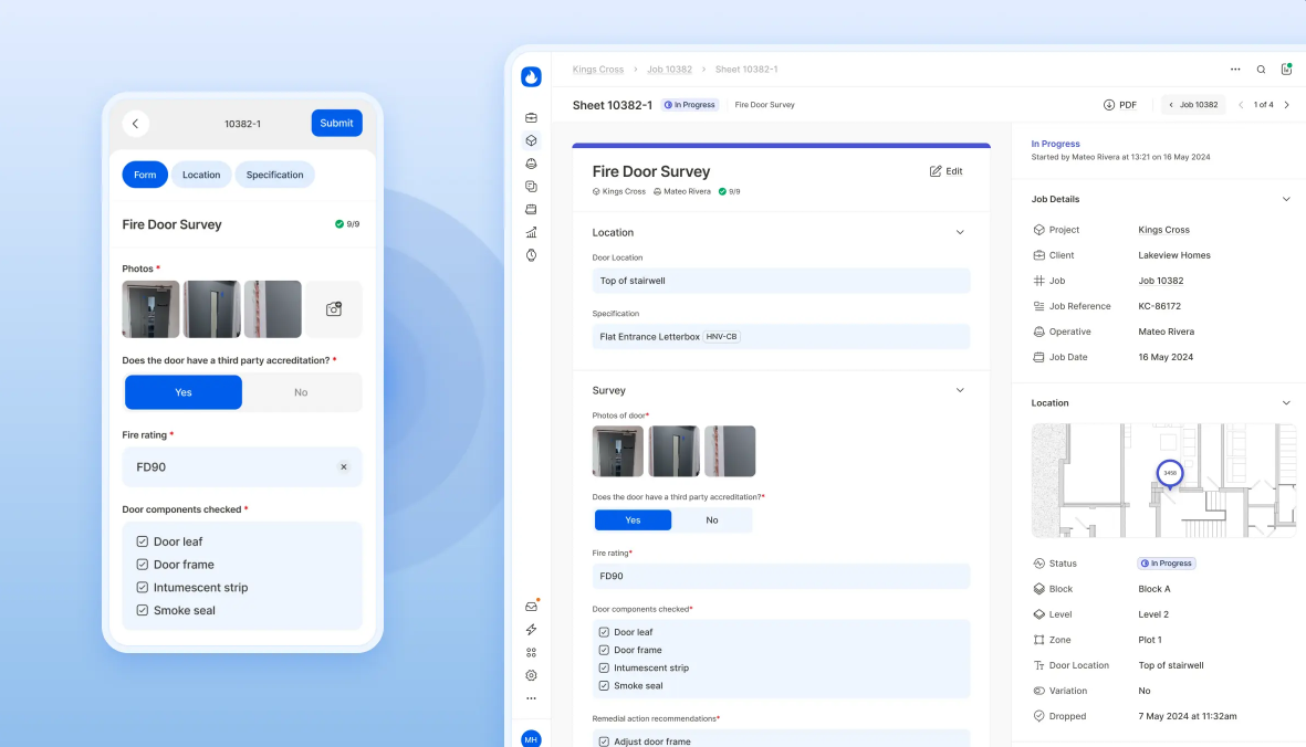 Two side-by-side screens. A phone app with product details and a desktop interface with product and location info.