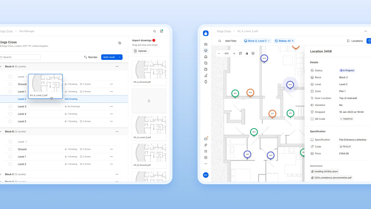 Two application interfaces: floor plan details on the left, interactive layout on the right with colored indicators.