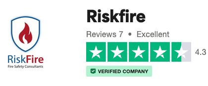 Riskfire logo with flame icon, company rating of 4.3 stars with 7 reviews, verified.