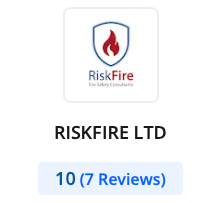 RiskFire LTD logo and rating: shield with flame, company name, 