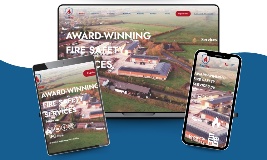 Website mockup showcasing award-winning fire safety services on a laptop, tablet, and smartphone.