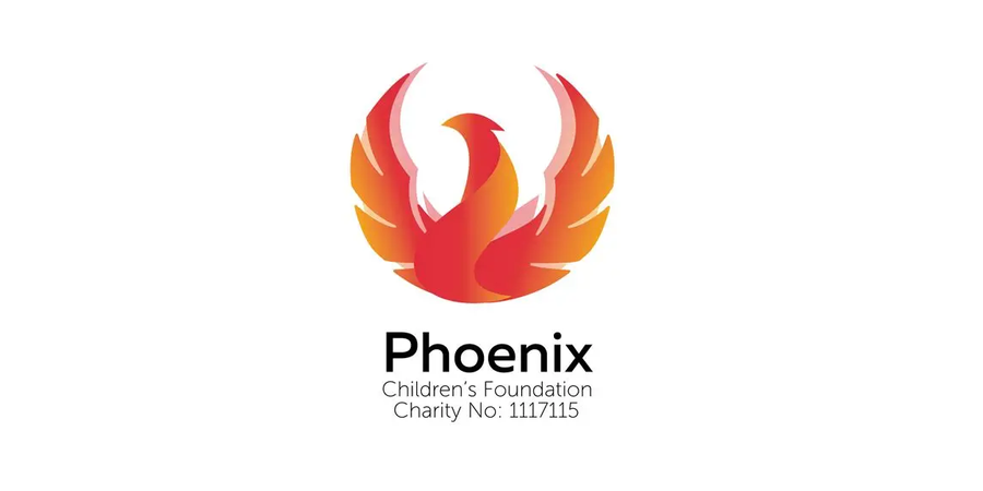 Logo of the Phoenix Children's Foundation: a phoenix with red and orange wings above the name and charity information.