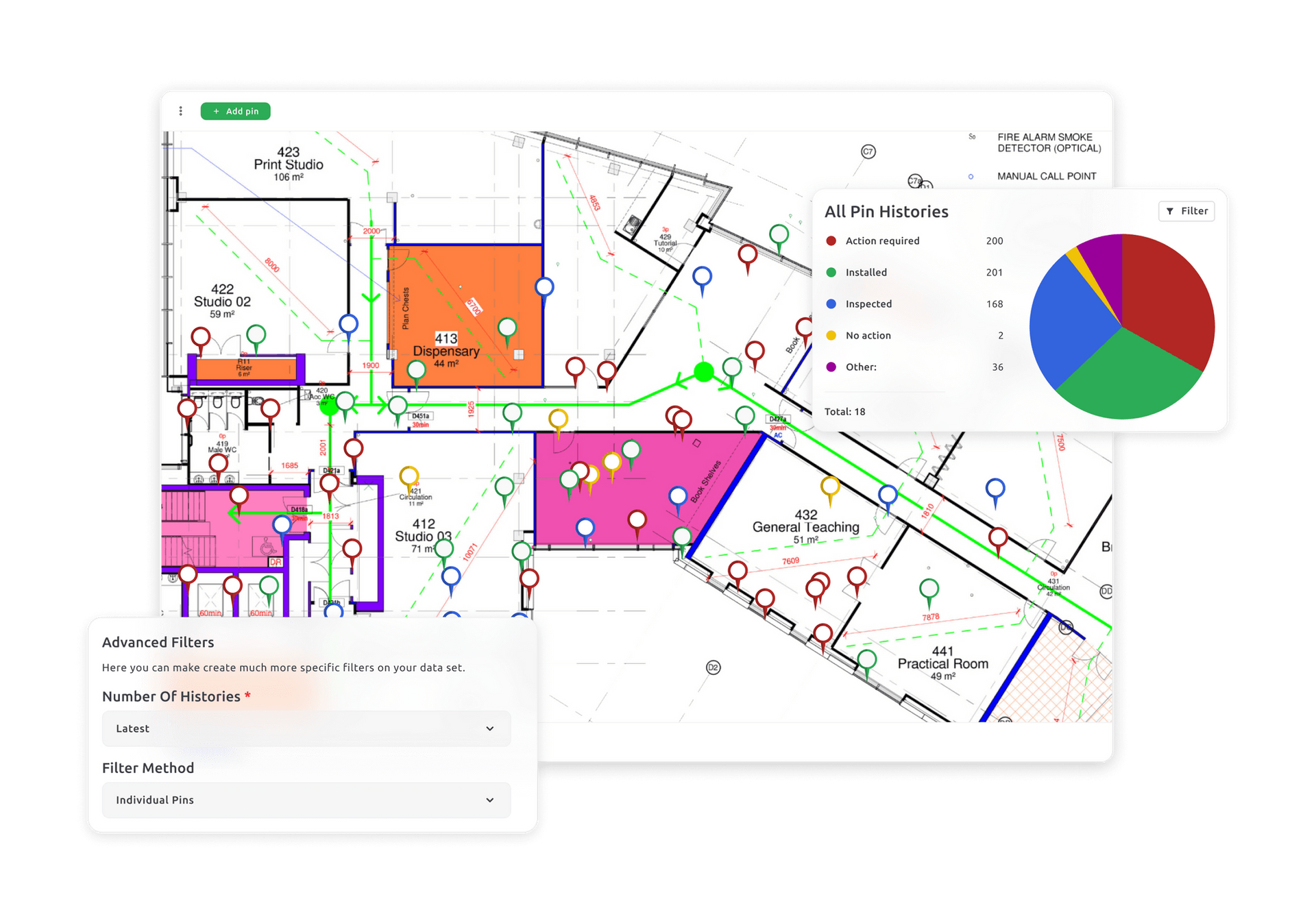Floor plan with colored zones, data visualization, and a list, showing facility information.
