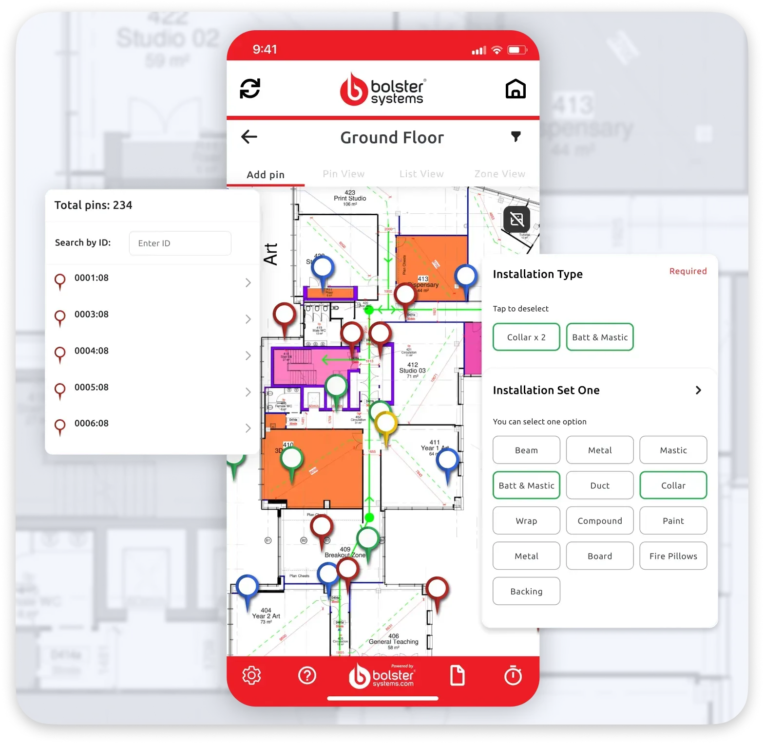 Smartphone app displaying a floor plan with icons and menus, overlaid with text and buttons for floor plan customization.