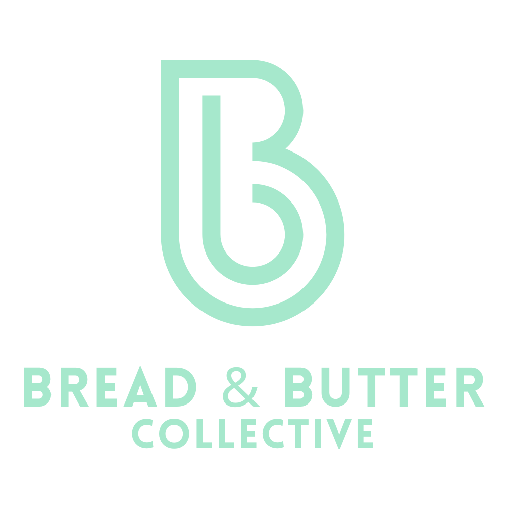 Mint green logo: stylized letter B in a teardrop shape above "Bread & Butter Collective" in matching font.