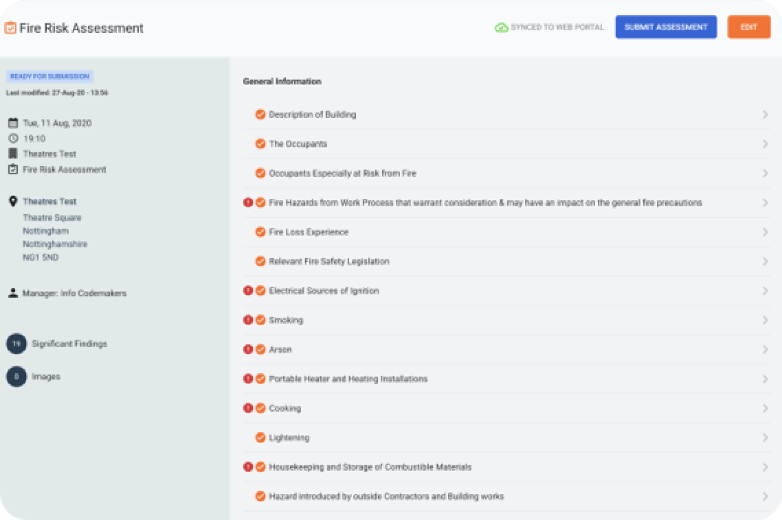 Fire Risk Assessment dashboard with checklist and general guidance topics.