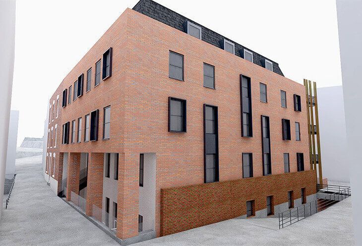 Modern brick building with black-framed windows and a dark roof.
