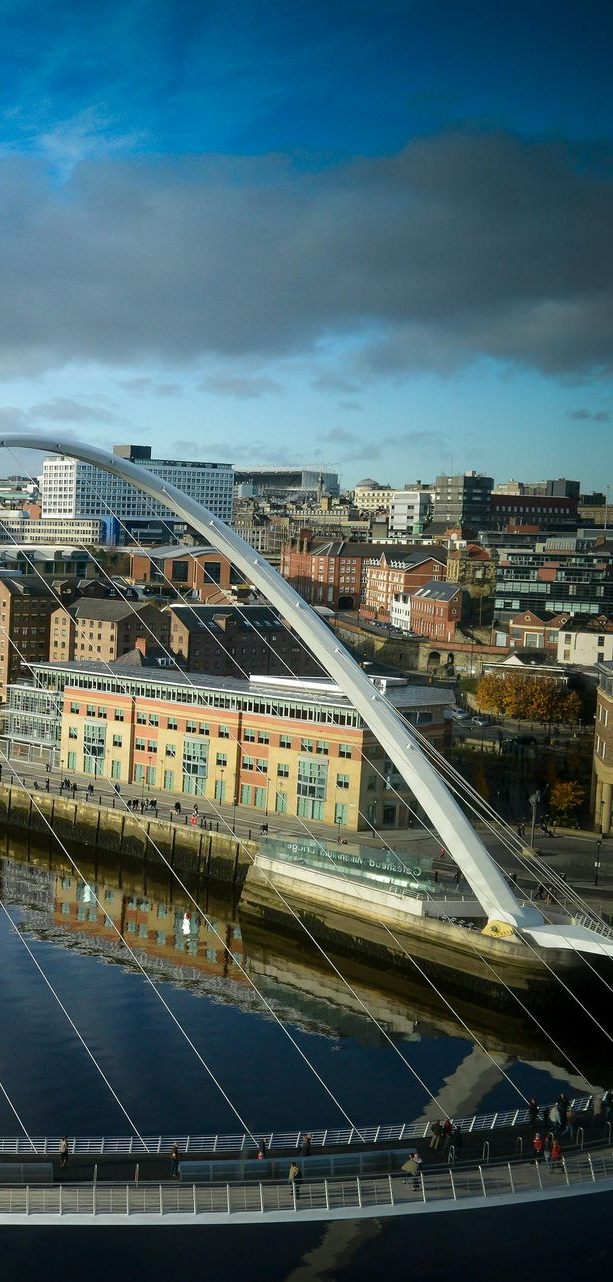 View of a white, arched bridge over a river, with buildings in the background under a blue sky.