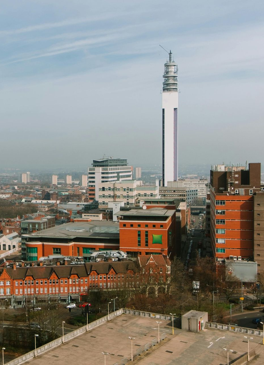 View of the Birmingham skyline, with the BT Tower dominating the cityscape.
