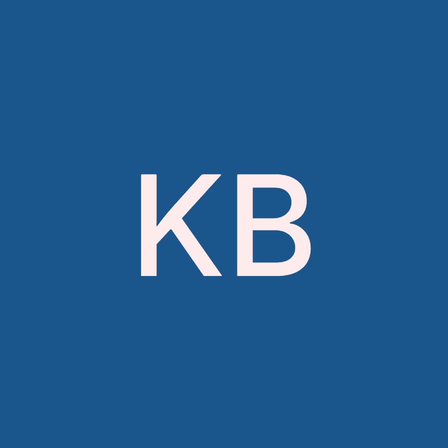 KB initials in light gray against a dark blue background.