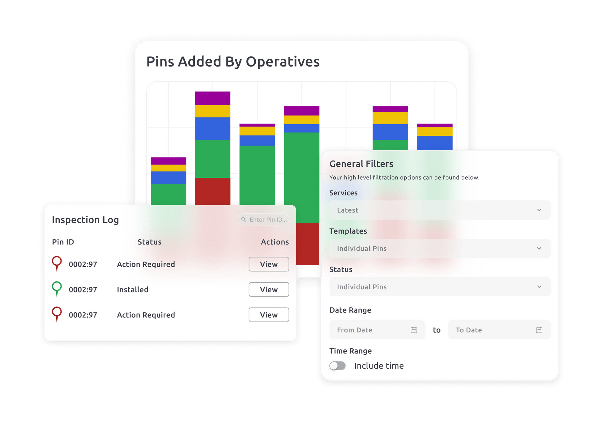 Stacked bar chart visualizing data, with dropdown menus and a list below displaying inspection data.