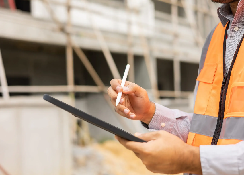 Construction worker in orange vest uses stylus on a tablet at a construction site.